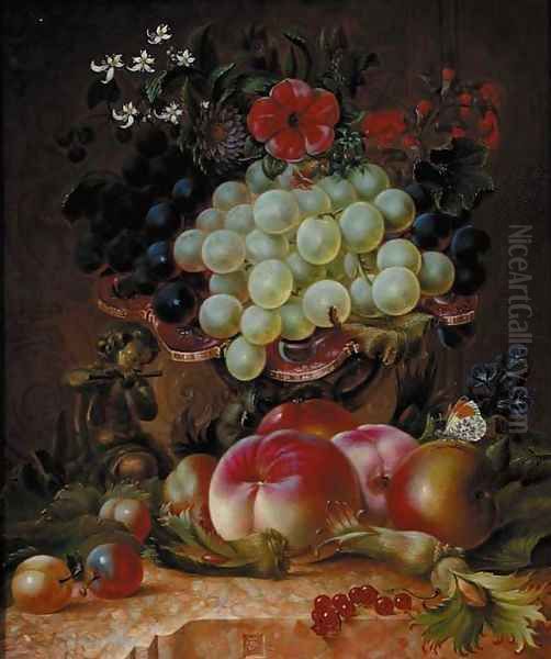 Grapes, peaches, plums, cobnuts, redcurrants, summer flowers Oil Painting by William John Wainwright