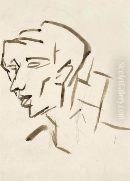 Cubist Head Oil Painting by Otto Gutfreund