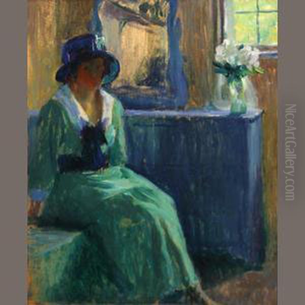 Woman In An Interior Oil Painting by Bernhard Gutmann