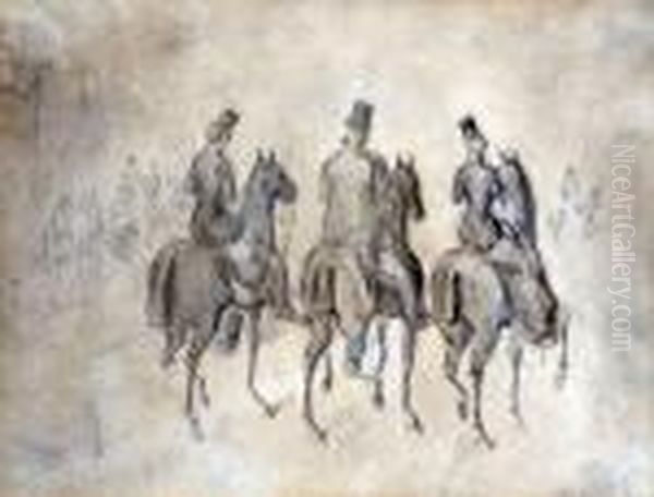 Figures On Horseback Promenading Oil Painting by Constantin Guys