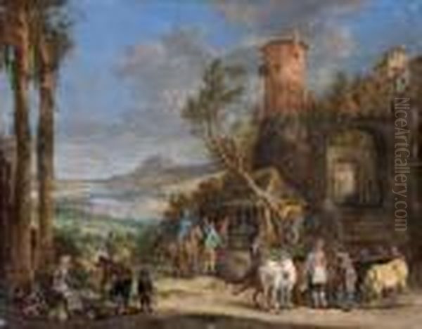 Scene De Marche A L'entree D'un Village Fortifie Oil Painting by Pieter Gysels