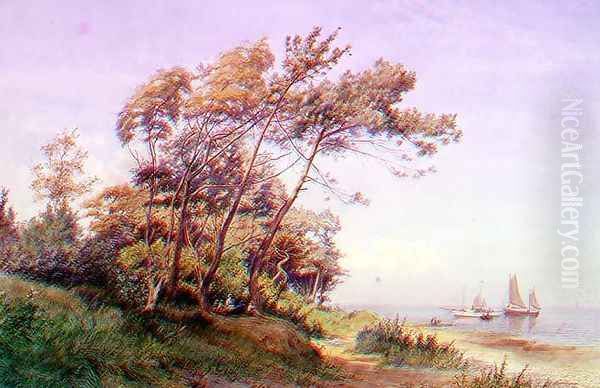 A Picnic on the Coast, Isle of Wight, with a yacht moored offshore flying the ensign of the Royal Yacht Squadron Oil Painting by James Clarke Waite