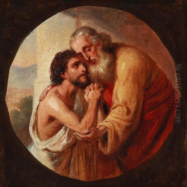 Religious Scene With Jesus Embracing An Elderly Man With A Beard Oil Painting by Nikolai Habbe