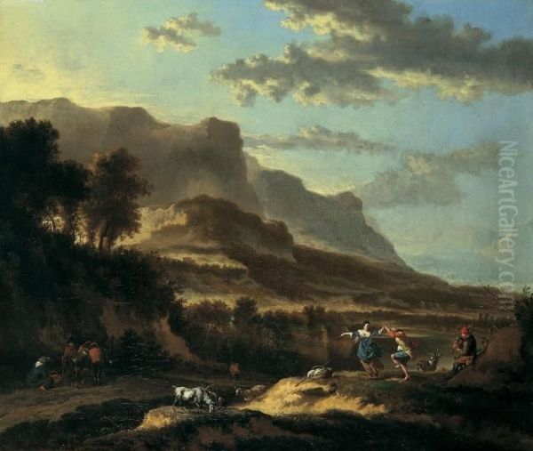 Italianisierende Berglandschaft Mit Tanzendem Paar Oil Painting by Jan Hackaert