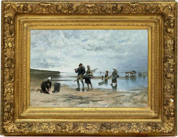 Fiskare Och Musselplockerskor Pa Stranden I Bretagne Oil Painting by August Wilhelm Nikolaus Hagborg