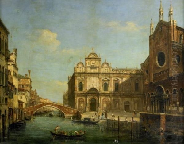 Kanalmotiv Med Gondoljarer Vid Kyrkan San Giovanni E Paolo - Venedig Oil Painting by William Haines