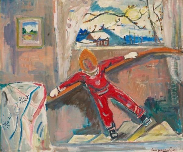 Boy In Red Overall Oil Painting by Eric Hallstrom