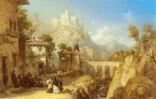 A Mediterranean Landscape with Villagers Oil Painting by James Webb