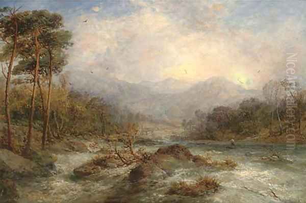 An angler on a river in full spate Oil Painting by James Webb