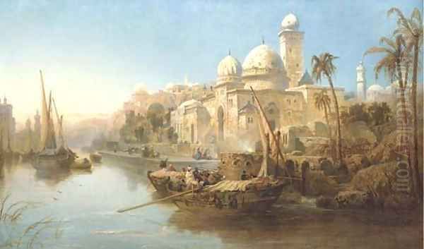 Vessels moored at the steps of a Moorish palace Oil Painting by James Webb