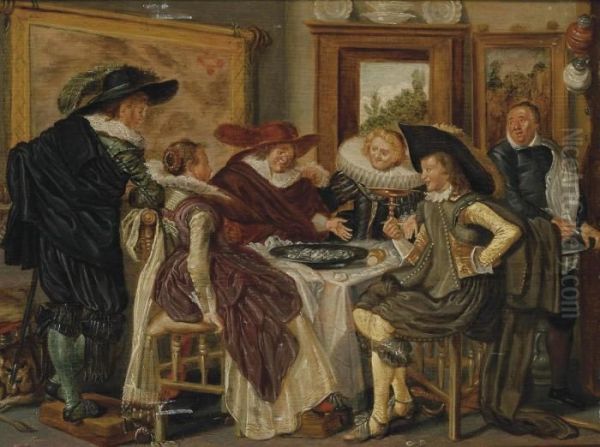 Elegant Company Feasting In An Interior Oil Painting by Dirck Hals