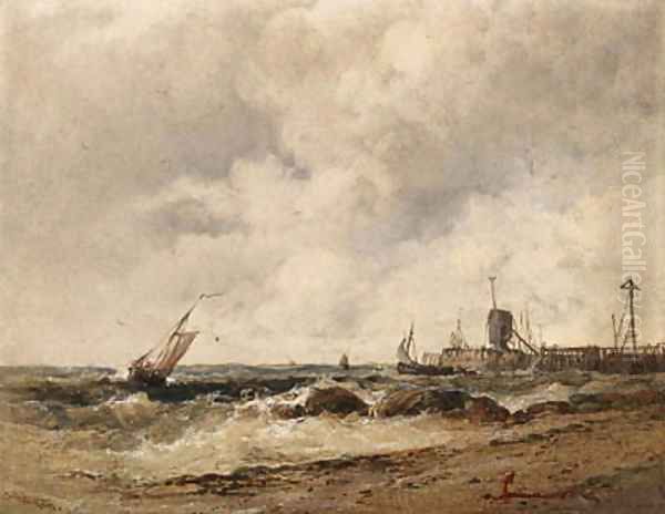 Shipping off a pier in stormy seas Oil Painting by James Webb