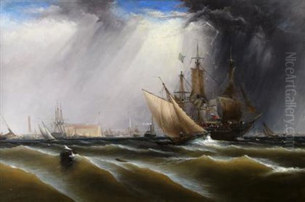 View Of Philadelphia Harbor Oil Painting by James Hamilton