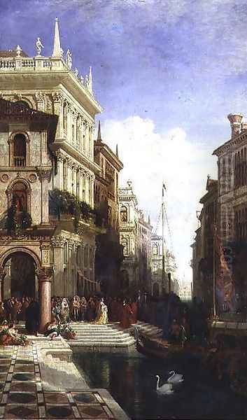 A Capriccio View of Venice with a Princess being Shown to a Gondola at the Back of the Scuola di San Marco Oil Painting by William Wyld