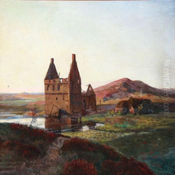 Castle Ruin In A Moor Landscape Oil Painting by Hans Nicolaj Hansen