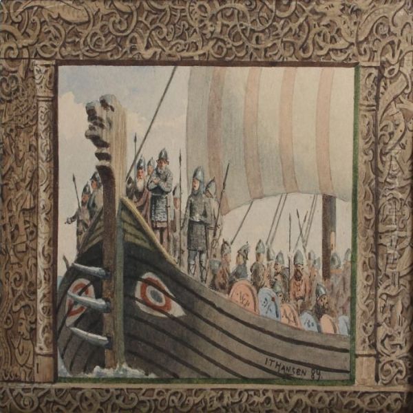 Vikingship With Numerous Warriors Oil Painting by Josef Theodor Hansen