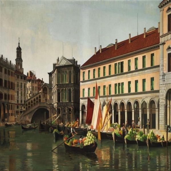 View Of Venice With Boats Studded With Vegetables And Fruit Near The Rialto Bridge by Josef Theodor Hansen