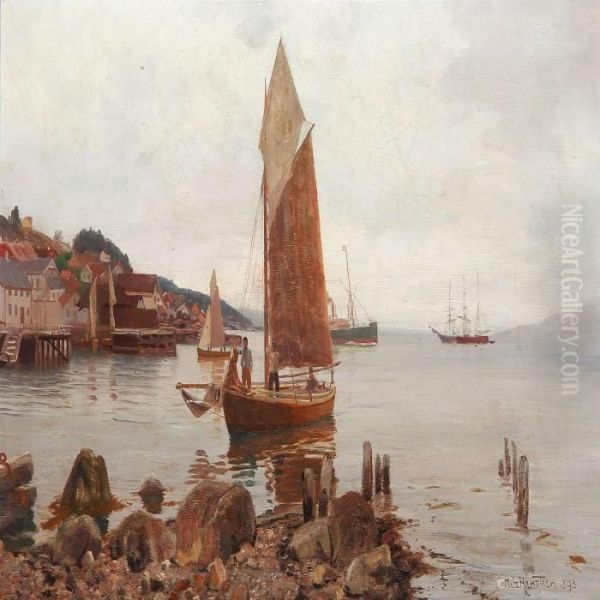 Coastal Scene From A Harbour Village Oil Painting by Niels Hansteen