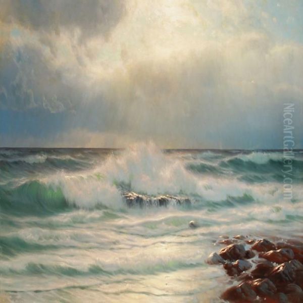 Breakers At Sunset Oil Painting by Johannes Hardes