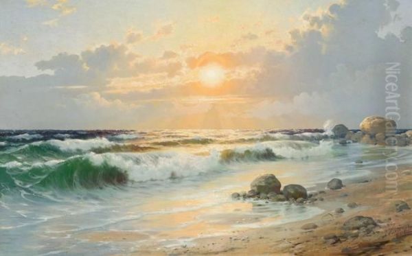 Surf In The Glow Of The Sunset Oil Painting by Johannes Hardes