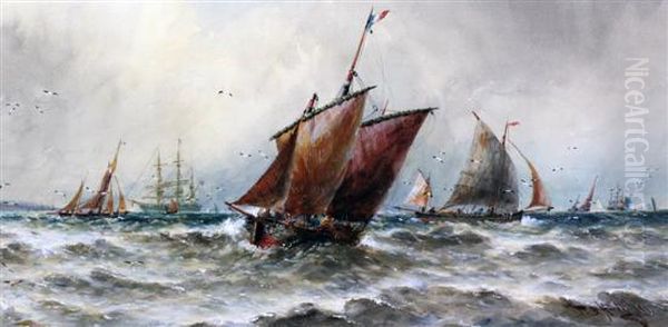 Fishing Boats And Other Shipping At Sea Oil Painting by Thomas Bush Hardy