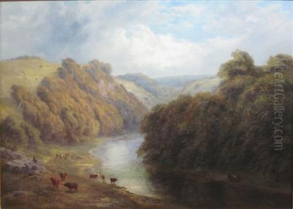 River Landscape With Cattle Grazing Oil Painting by Edward Hargitt