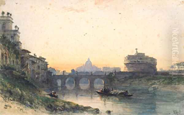 View across the Tiber to St. Peter's and Castel Sant 'Angelo, Rome Oil Painting by William Wyld