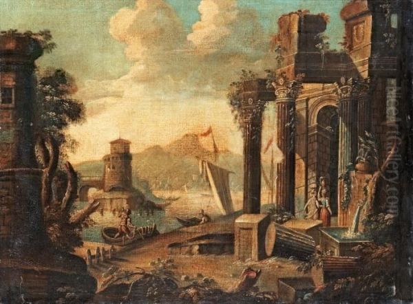 Capriccio Ruins By A Port Oil Painting by Johann Oswald Harms