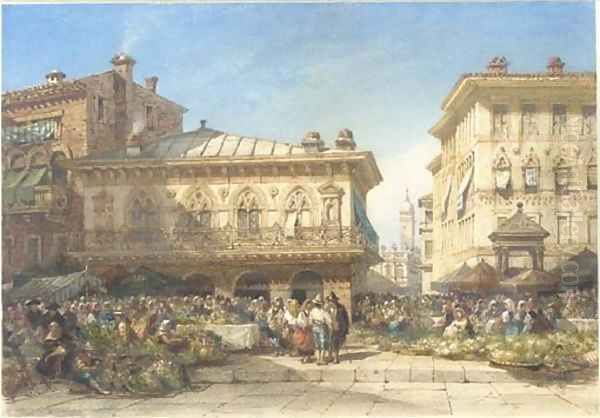 A flower market, Verona Oil Painting by William Wyld