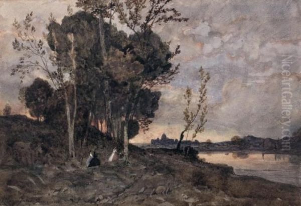 Rome, Personnages Sous-bois Oil Painting by Henri-Joseph Harpignies