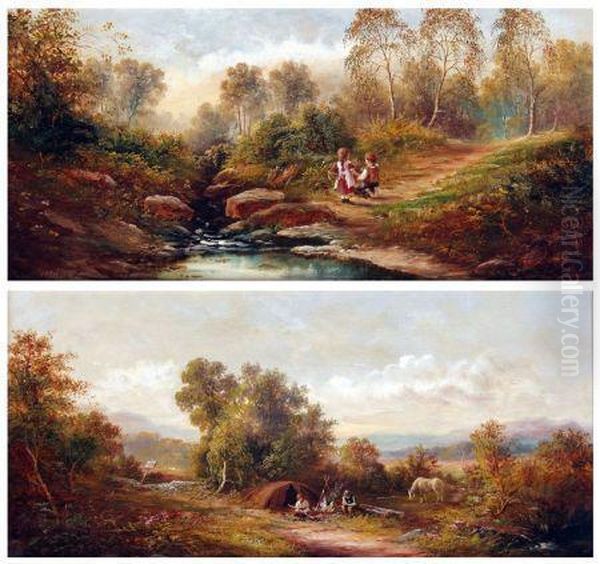 Landscape With Young Children By A Stream Oil Painting by Henry Harris