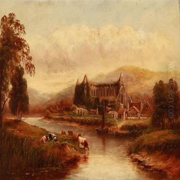 Tintern Abbey Seen From Across The River Wye Oil Painting by Henry Harris