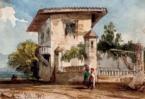 Figures before an Italianate villa Oil Painting by William Wyld