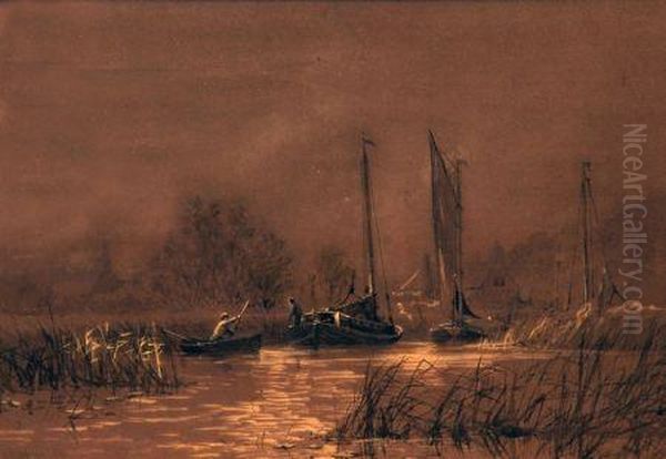 Broads Scene With Sailing Boats Oil Painting by Charles Harmony Harrison