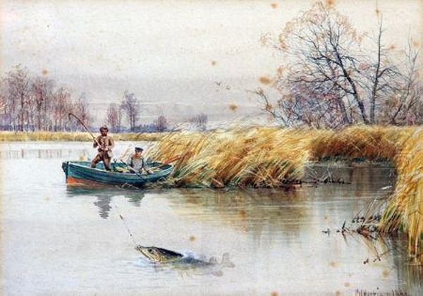 Anglers Fishing From A Rowing Boat Oil Painting by Charles Harmony Harrison