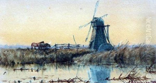 A Norfolk Mill Oil Painting by Charles Harmony Harrison