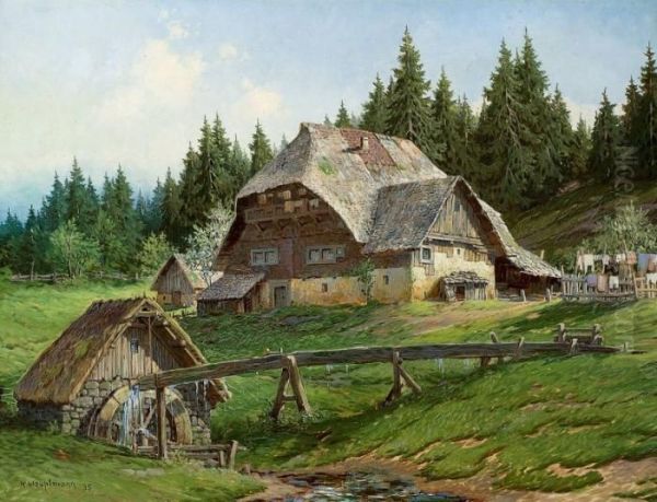 Watermill In The Black Forest Oil Painting by Karl Hauptmann