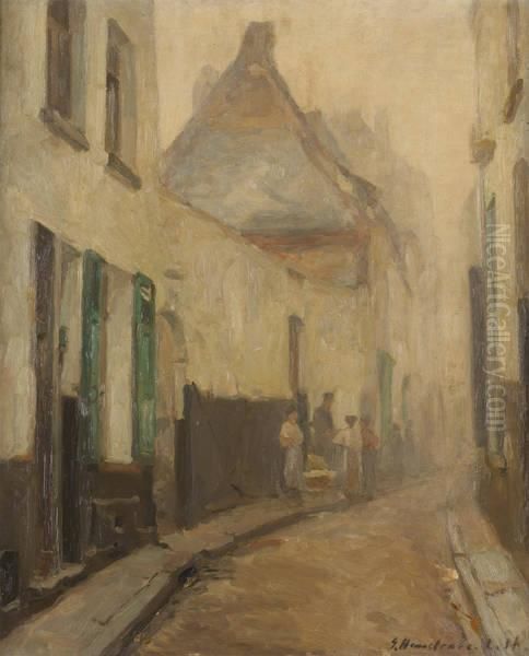 Conversation Dans Une Ruelle Bruxelloise Oil Painting by Gaston Haustrate