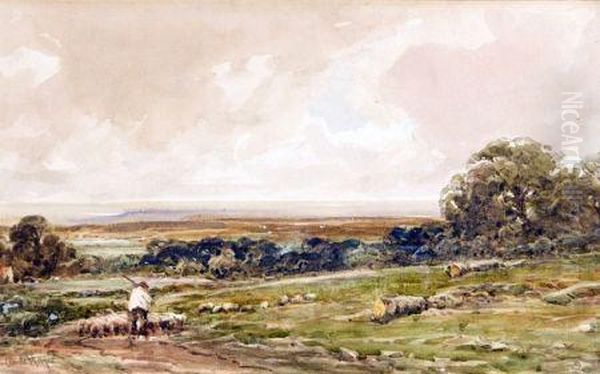 Shepherd And Sheep In Landscape Oil Painting by Claude Hayes