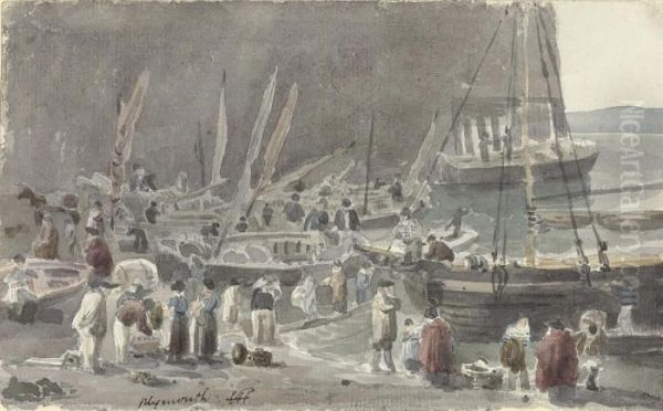 Fisherfolk Among Boats At Plymouth Oil Painting by John Samuel Hayward