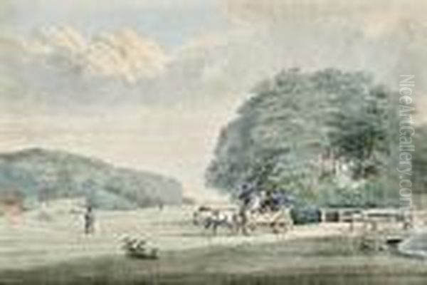 Two Scenes Of Horse-drawn Carriages In Parkland Landscapes (one Illustrated) Oil Painting by Thomas Hearne