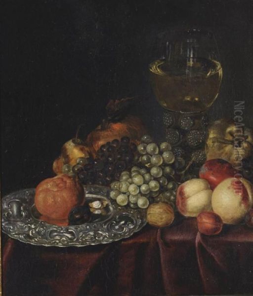 A Bread Roll And A Plum On A Silver Plate Oil Painting by Heem De Jan Davidsz & Studio