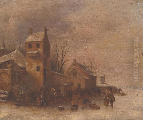 A Frozen Winter Landscape With Elegant Company And Skaters Oil Painting by Thomas Heeremans