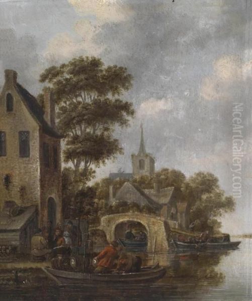 River Landscape With A Ferry Boat Oil Painting by Thomas Heeremans