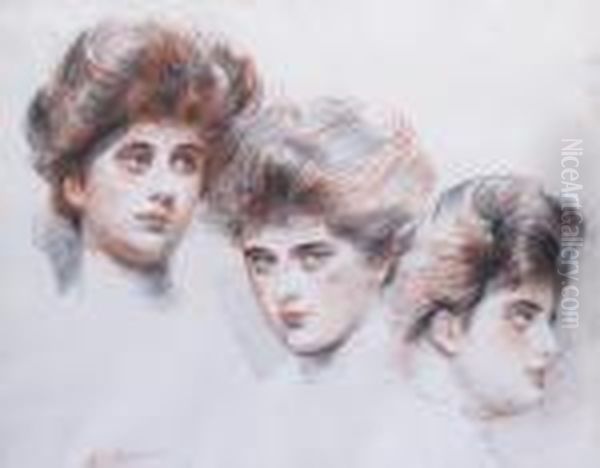 Trois Portraits D'yvonne Avollee Oil Painting by Paul Cesar Helleu