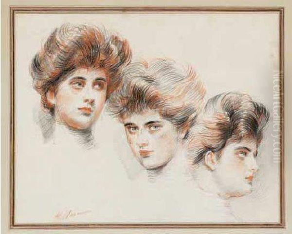 Trois Portraits D'yvonne Avollee Oil Painting by Paul Cesar Helleu