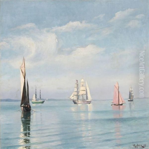 Seascape With Sailing Ships On A Summer Day Oil Painting by Viggo Helsted