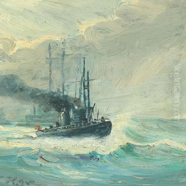 Ships In High Seas Oil Painting by Viggo Helsted