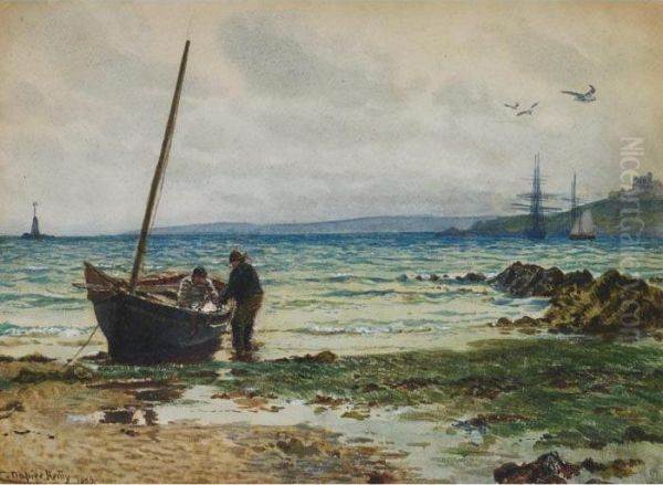 Mending Nets Off Pendennis Castle Oil Painting by Charles Napier Hemy