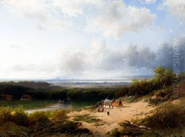 Boerderij In Duinlandschap Met De Stad Haarlem Aan De Horizon Oil Painting by Frederik Hendrik Hendriks